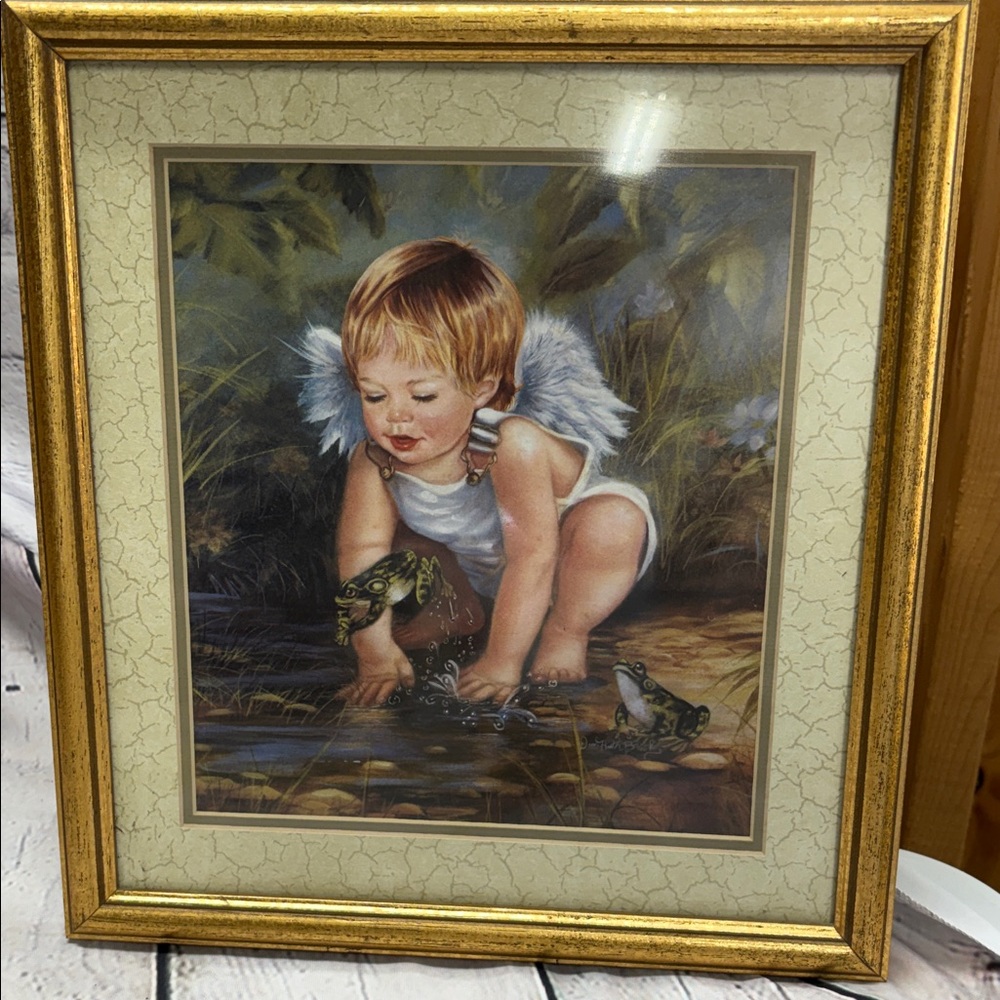 Vintage Cherub Angel Print by Donna Heath Brooks with Gold Frame and Cream Mat